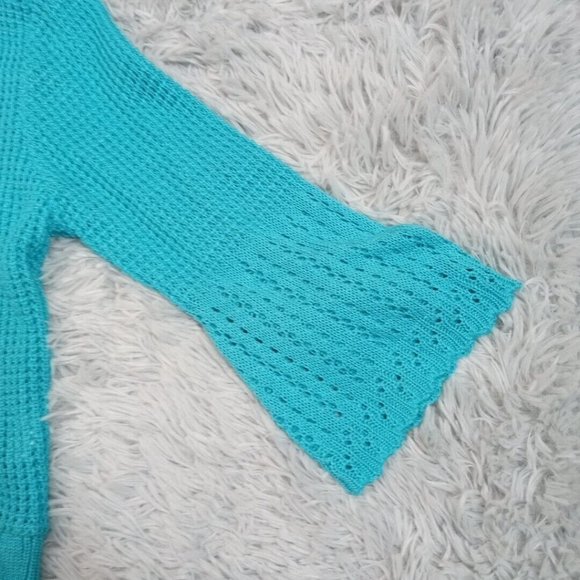 Notations Womens Sweater Cardigan Blue Teal PM Open Front Cropped Crotchet - Picture 3 of 8